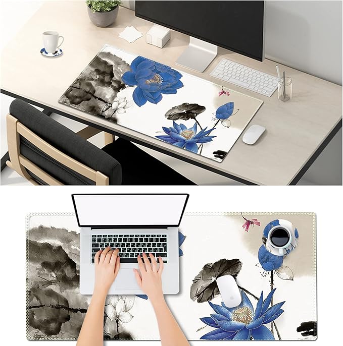 ARTSO Large Gaming Mouse Pad with Stitched Edges, XXL Extended Keyboard Mat Long Mousepad Desk Decor Writing Pad 35.1x15.7 in, Non-Slip Base for Work, Game, Office, Home, Blue Lotus Ink Painting