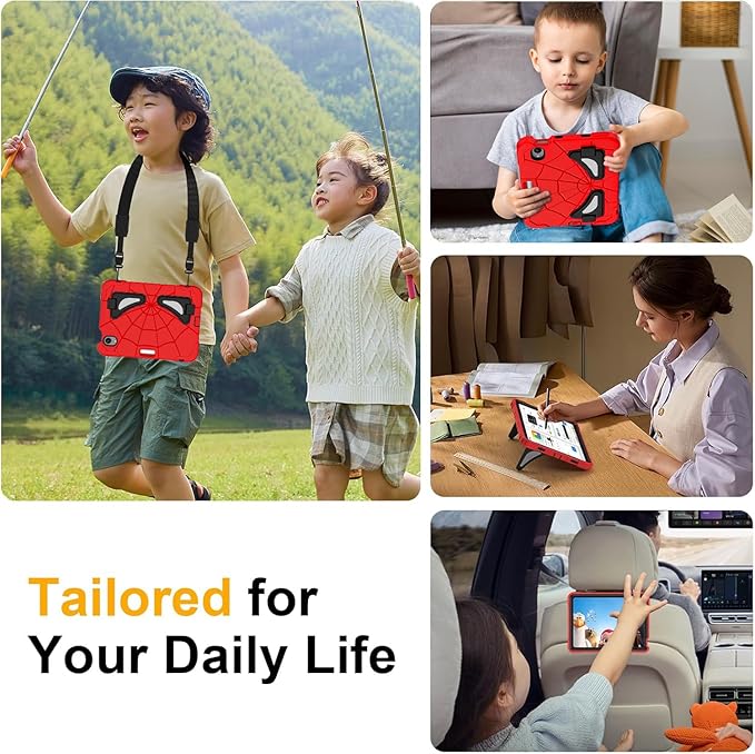 Case for iPad Mini 7 (A17 Pro) 2024/Mini 6 8.3'' with Shoulder Strap Stand, Heavy Duty Rugged Shockproof Drop-Proof Cute Protective Cover for Kids iPad Mini 7th/6th Generation 8.3", Red Black