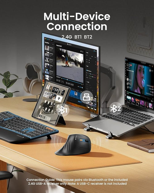 ProtoArc Ergonomic Mouse, EM11 NL Bluetooth Rechargeable Wireless Vertical Mouse, 3 Multi-Device Connectivity for Computer/PC/Laptop, 2.4GHz USB-A Optical Mice for Windows, Mac OS, Blue