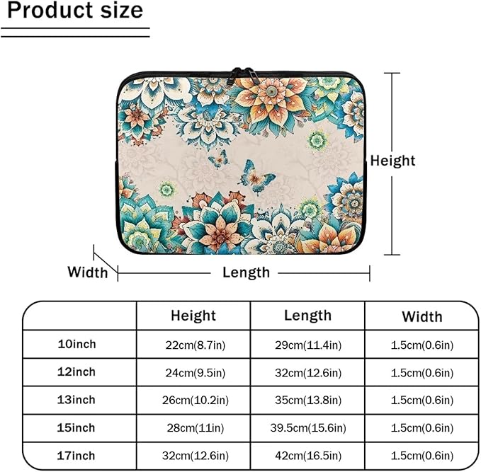 Boho Flower Butterfly Laptop Protective Sleeve for Women Computer Sleeve 17 Inch Laptop Case Bag Portable Computer Carrying Case Suitable GITS for Men Teens