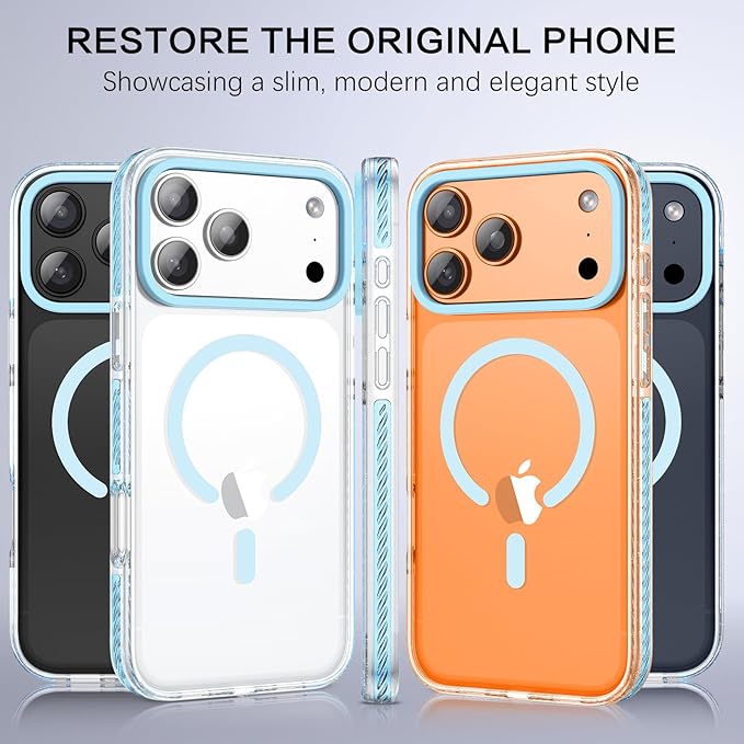 BENTOBEN Magnetic for iPhone 17 Pro 6.3" Case, Compatible with Magsafe Military Shockproof Protective Bumper Cute Transparent Slim Anti-Yellowing Phone Case for iPhone 17 Pro Cover, Clear Blue