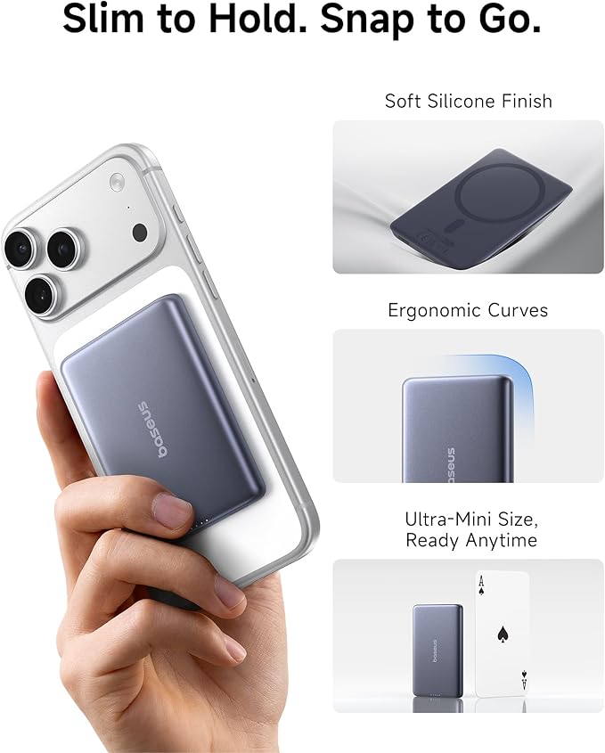 Baseus Picogo Power Bank, Smallest 5,000mAh Magnetic Wireless Charger with USB-C Braided Cable, Fast Charging Portable Battery Pack, NTC Safety Alloy Travel Essential for iPhone 7 Pro Max/17 Air/17e
