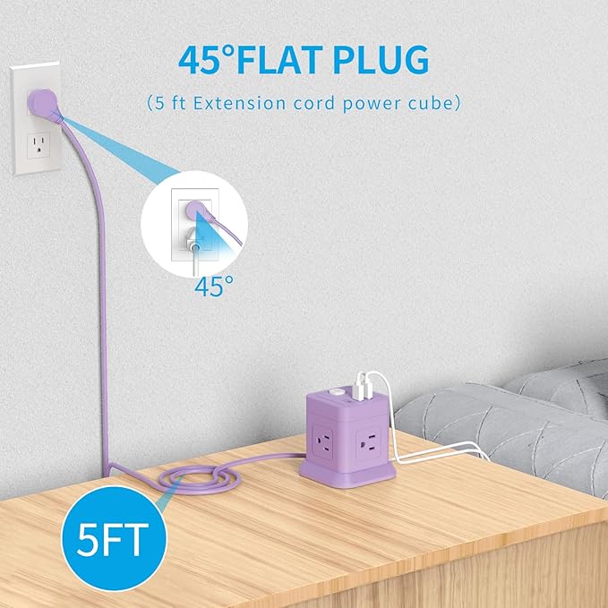 Cube Power Strip, FDTEK 4 Widely Spaced Outlet with 3 USB (1 USB C) Flat Plug Power Strips with Long Extension Cords Space Save Compact Portable for Travel Home Office Cruise (Purple) 5FT