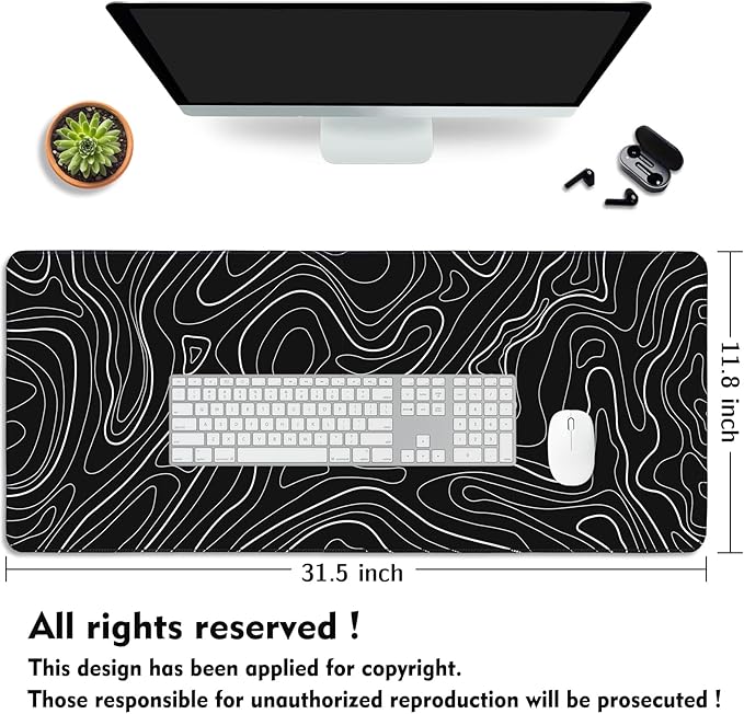 UJoowalk Topographic Gaming Mouse Pad, Large, Black and White, 31.5 x 11.8 in