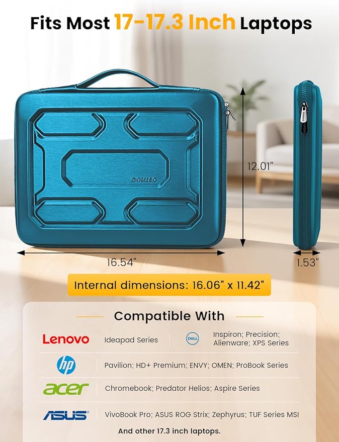 DOMISO Laptop Hard Case 17-17.3 inch Waterproof Shockproof Hard Shell Laptop Sleeve with Handle & Storage Pocket, Compatible with MacBook, HP, Dell, Teal