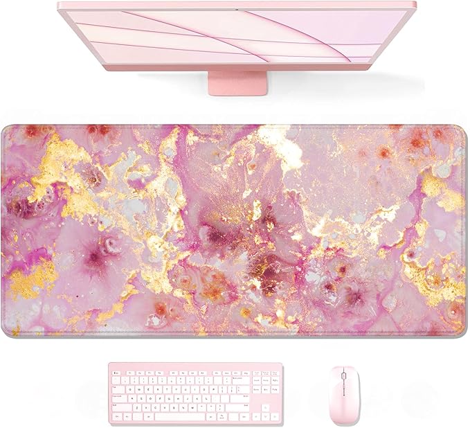 Auhoahsil Large Mouse Pad, XXL Gaming Mousepad, Desk Mat for Desktop, Thick Rubber, Big & Long Size, Stitched Edges, Full Desk Pad for Laptop & Computer, Extended 35.4 x 15.7 in, Pink Gold Marble