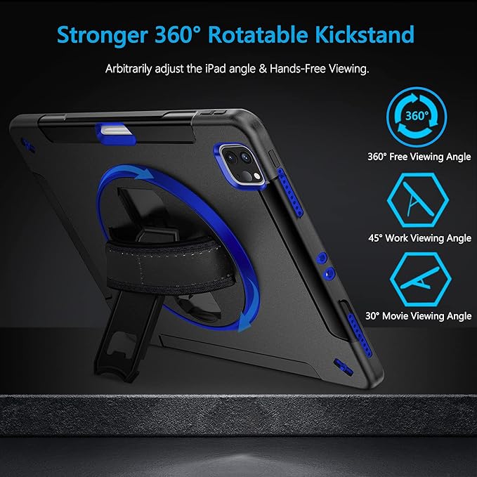 Miesherk Military Grade Heavy Duty Shockproof Case for iPad Pro 12.9 Inch 6th/5th/4th Generation with Pencil Holder, Rotating Stand, and Hand Strap - Blue