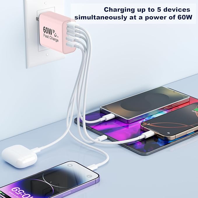 USB C Charger Block, 60W 5 in 1 Charging Blocks, PD 3.0 Fast Charger, QC 2A Pink Wall Plug Multiport Type C Charging Block for iPhone 17 16 15 14 13 12 Pro Max, iPad, iPod, Samsung, AirPods Pro