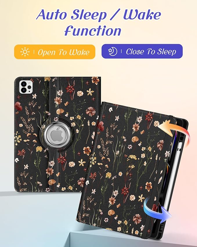 Kidcube for iPad Pro 13 Inch Case M4 2024 - Women Girls Cute Rotating Stand Folio Cover with Pencil Holder & Card Slot Flowers Floral Unique Design for iPad Pro 13 Inch Case 2024 (A2925 A2926 A3007)