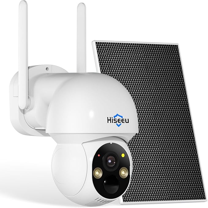 Hiseeu Solar Wireless Security Camera, 2.4G WiFi, Full HD Night Vision, Pan-Tilt Control, Smart Motion Detection, Two-Way Audio, IP66 Waterproof, 100% Wireless Camera Ideal for Home & Business