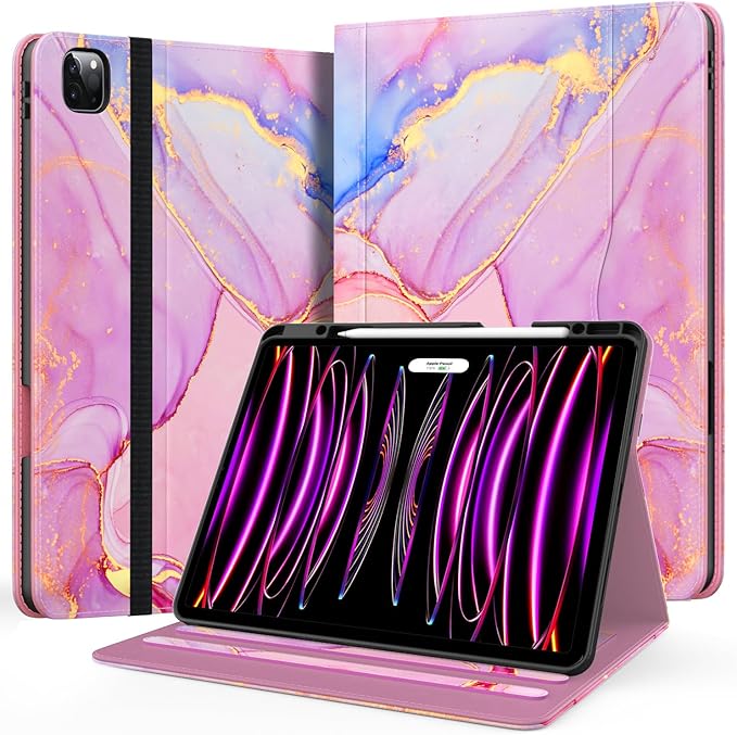 Zonefoker Case for New iPad Pro 12.9 inch 6th/5th/4th/3rd Generation 2022/2021/2020/2018, 12.9'' ipad Pro Leather Folio Protective Cover 6/5/4/3 Gen with Pencil Holder, Auto Wake/Sleep, Marble Pink