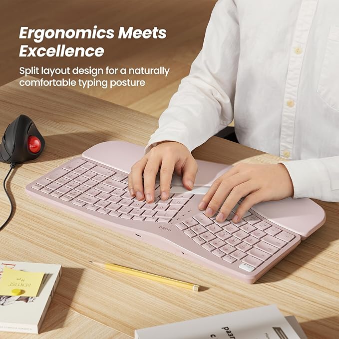 Nulea RT05 Wireless Ergonomic Keyboard, Split Keyboard with Wrist Rest, USB-C Charging, 7-Color Backlight, Natural Typing, Bluetooth and USB Connectivity, Compatible with Windows/Mac(Pink)
