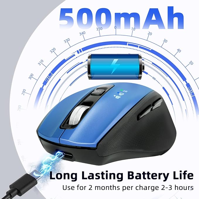 Wireless Bluetooth Mouse with USB-A, USB-C Receiver, Rechargeable, 3-Device, Full-Size, Silent Click, Ergonomic Mice for MacBook/Laptop/Computer/Tablet/PC/iPad-Blue