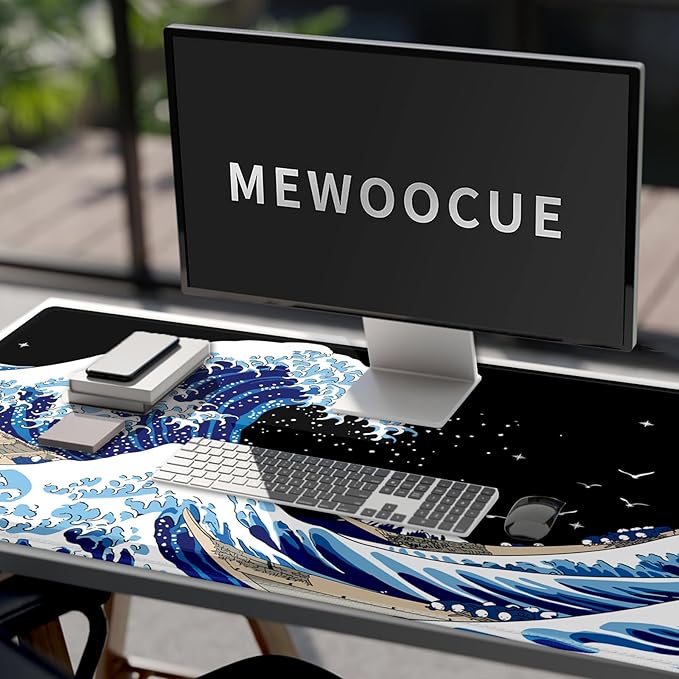 Gaming Laptop Mouse Pad,Sea Wave Big Mice Pads PC Keyboard Waterproof and Non-Slip 47.2" x 23.6" 0.15" Thick XL,XXL Rubber Table Mat, Kanagawa Surfing and Black Japanese Mouse Pads