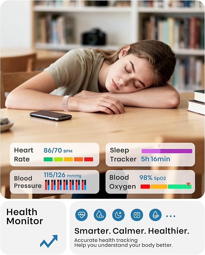Smart Bracelet, Health Fitness & Activity Tracker with All-Day Continuous Heart Rate/Blood Pressure Monitor, Sleep Tracker, 170+ Sport Modes, 60 Day Battery & Free App, IP68 Smart Band for Android IOS