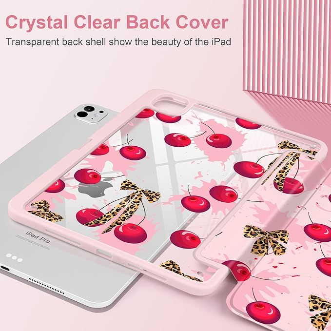 Case for iPad Pro 11 Inch (M5 2025 M4 2024) – [Built-in Pencil Holder], Shockproof & Stylish, Clear Hard Back + Soft TPU Edge, Magnetic Trifold Stand, Auto Wake/Sleep, Cherry & Leopard