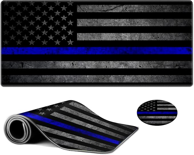 Large Gaming Mouse Pad, Thin Blue Line American Flag Design Keyboard Mat Desk Mousepad, Full Desk Extended XXL Mouse Pad 35.5" X 15.75" w/Stitched Edges Non-Slip for Office Home Gamer
