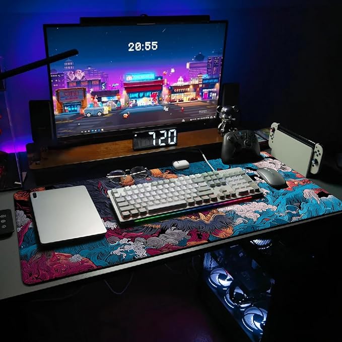 Extended Gaming Mouse Pad, Large Mouse Mat 3 mm Nature Rubber Base Mousepad with Stitched Edges, Non-Slip Desk Mat for Office Home Great Gift 31.5x11.8 Inch (Ukiyo-e Monster 3)