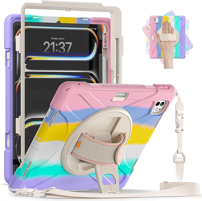 Batianda Case for iPad Pro 13-inch 2025 M5 2024 M4 Chip Heavy Duty Rugged Durability Silicone Tablet Cover with 360° Rotating Hand Strap Foldable Hidden Stand & Shoulder Strap, Colorful Pink