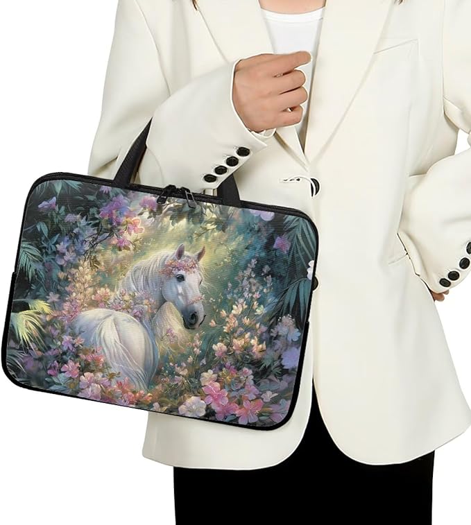 15 Inch Horse Flowers Laptop Sleeves, Zippered Computer Bag Waterproof Tablet Carrying Cover, Laptop Organizer Tote Bag Portable Notebook Handbag, Back to School Supplies College