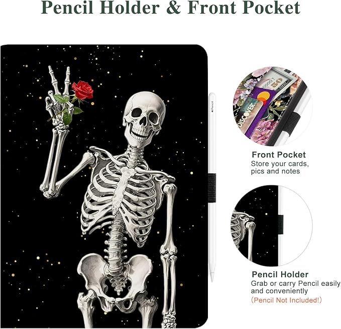 Vimorco for iPad Air 11 Inch Case M3/M2 2025/2024, for iPad Air 5th/4th Generation Cover 10.9-inch, for iPad Pro 11 Inch Case 4th/3rd/2nd/1st Generation Pencil Holder/Hand Strap/Pocket, Skull Rose