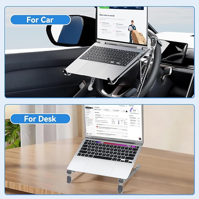 Car Laptop Mount Steering Wheel Tray Holder, Height Adjustable Car Desk for Laptop Computer Tablet, Foldable Portable Lap Laptop Stand for Car Vehicle Workstation Accessories Truck SUV Tesla