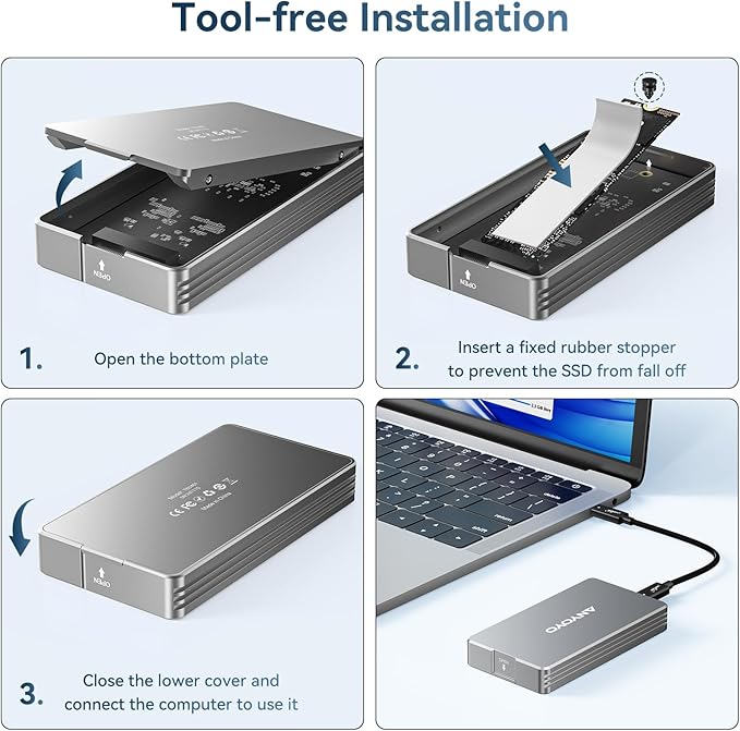ANYOYO 40Gbps M.2 NVMe SSD Enclosure with Aluminum Alloy Heat Dissipation, No Noise External SSD Case Compatible for Thunderbolt 4/3/USB4, Support M/B+M Key SSD, Tool-Free Installation
