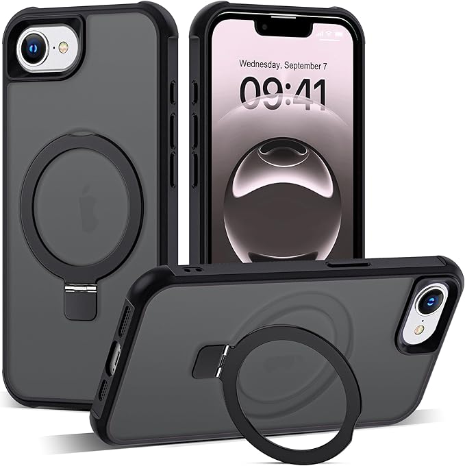 SKYLMW Compatible with iPhone 16e Case & iPhone 17e Case 6.1" with Invisible Magnetic O-Ring Stand Military-Grade Translucent Phone Cases [Compatible with Mag-Safe][Great Grip Feeling], Black