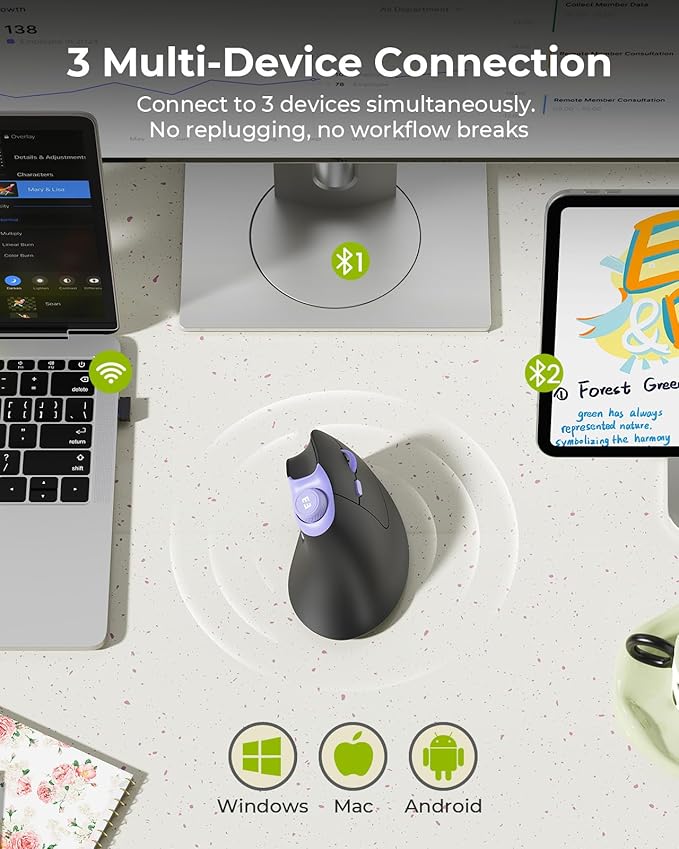 seenda Ergonomic Mouse Wireless, MOU-302 Bluetooth Vertical Mouse Rechargeable, Volume Knob, Silent Mice & 1000/1600/2400 DPI, 3 Multi-Device Connection for Windows/PC/Laptop/Mac/MacBook, Black Purple