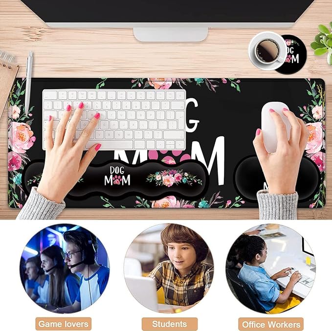 Gaming Mouse Pad, Large XXL Mouse Pad,Large Mouse Pad with Stitched Edge,Non-Slip Desk Pad Ergonomic Keyboard Wrist Rest Anime Mouse Pad Cute Dog Mom Floral Design Black Desk Mat for Computer Laptop