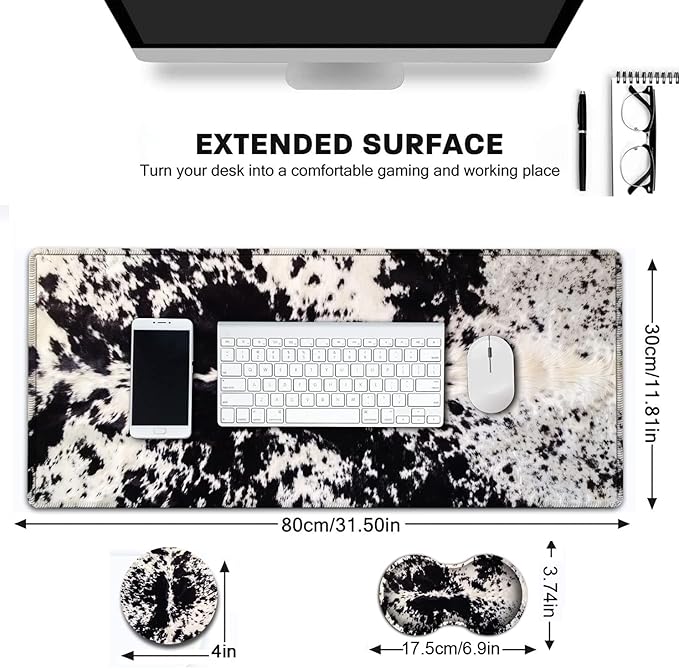 Large Gaming Mouse Pad, 31.5x11.8 in Extended Computer Mouse Mat with Non-Slip PU Base, Ergonomic Memory Foam Keyboard Wrist Rest, for Work & Gaming, Office Desk Pad Black White Cowhide Fur