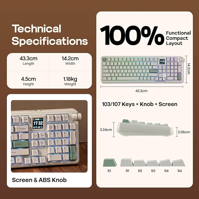EPOMAKER RT100 PRO Wireless Gaming Keyboard with 1.54" Screen&Knob, RGB, 2.4Ghz/BT/USB-C, Hot Swap, 5000mAh, PBT Keycap, Custom Driver, Retro Mechanical Keyboard for Win/Mac (White, Sea Salt Silent)