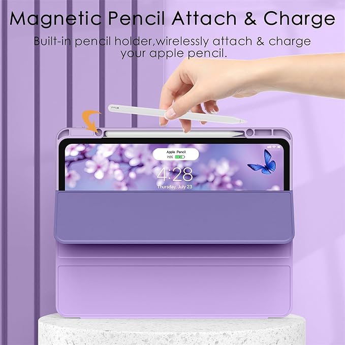 Soke Case for iPad Pro 12.9 Inch (6th/5th/4th/3rd Generation, 2022/2021/2020/2018) - Pencil Holder + Auto Sleep/Wake + Camera Protection, Transparent Shockproof Back Cover, Lavender Purple