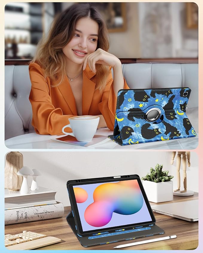 Kidcube for Samsung Galaxy Tab S6 Lite Case 10.4 Inch 2024/2022/2020 - Women Girls Cute Rotating Stand Folio Cover with Pencil Holder & Card Slot Girly Cat Stars Blue Teen Design Cases for Tab S6 Lite