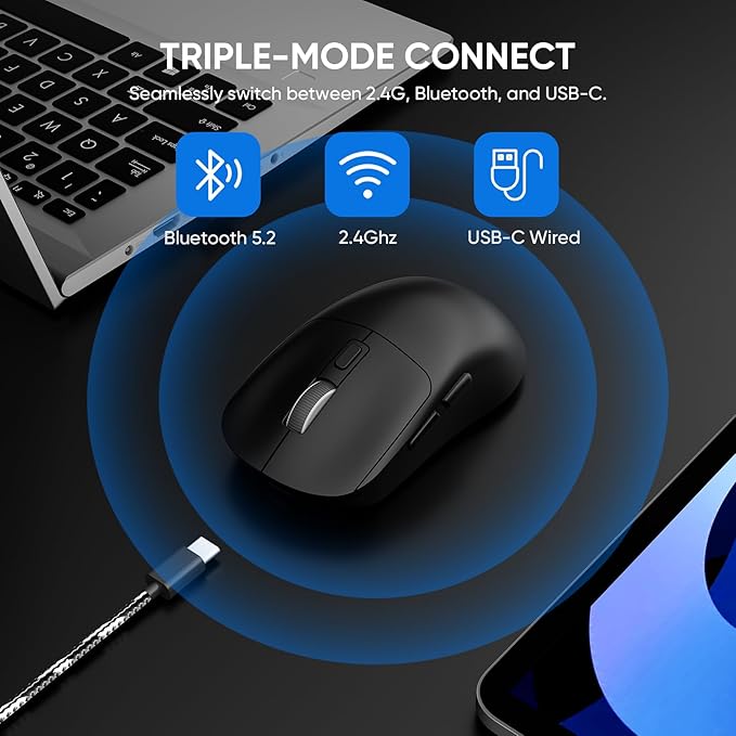 MELOGAGA Wireless Gaming Mouse, 2.4G/Bluetooth 5.4/USB-C 3-Mode Wired/Cordless Game Mice with 8 Adjustable DPI, Ergonomic Rechargeable Computer Mouse for PC, Mac, PS5, Tablet -Black