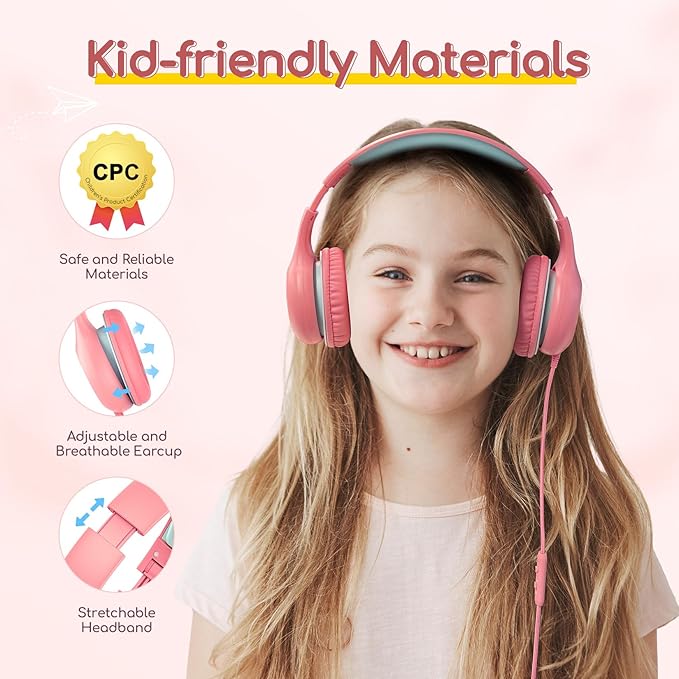 EarFun Kids Headphones Wired with Microphone, 85/94dB Volume Limit Headphones for Kids, Portable Wired Headphone with Shareport, Stereo Sound Foldable Headset for School/Tablet/iPad/Kindle Pink
