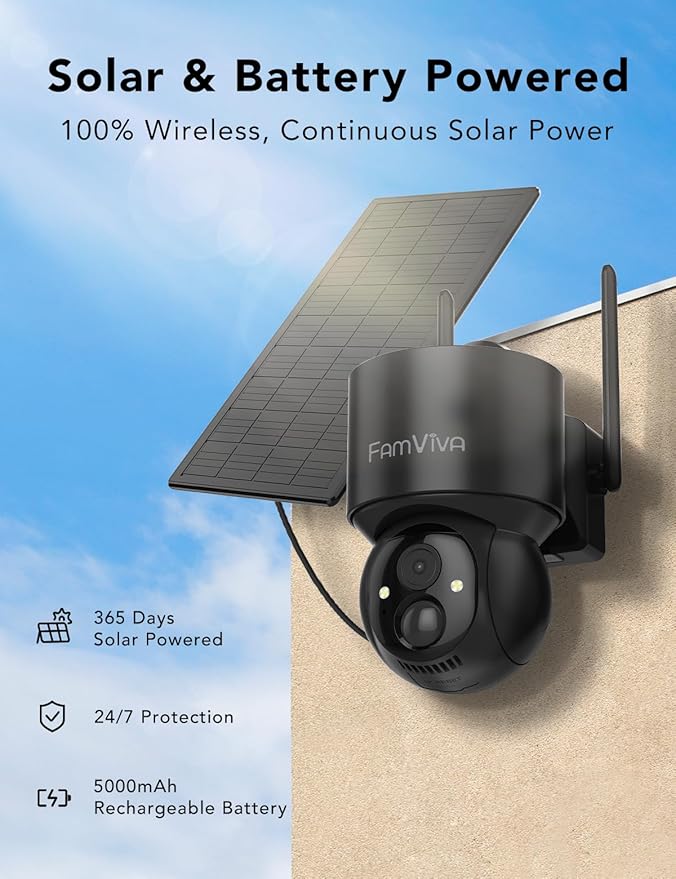 2K Solar Security Cameras Wireless Outdoor, 360°PTZ Battery Powered Cameras for Home Security, 2.4G WiFi Outdoor Camera with Color Night Vision, IP66 Waterproof, Motion Sensor Alarm, Black