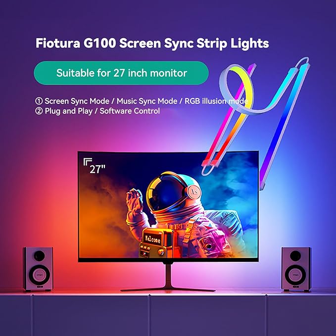 G100 LED Monitor Backlights for PC & Mac, LED Strip Lights that Sync with Screen Color or Music, Computer Light Bar Behind Monitor, LEDs for Desk Gaming, USB Port, Software Control, 27 in