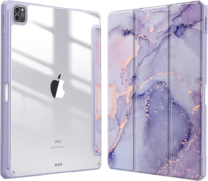 Fintie Hybrid Slim Case for iPad Pro 12.9-inch 6th Generation 2022, [Built-in Pencil Holder] Shockproof Cover w/Clear Transparent Back Shell, Also Fit iPad Pro 12.9" 5th/4th/3rd Gen, Lilac Marble