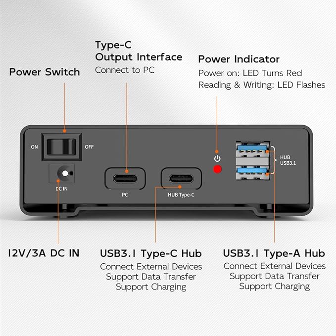 MAIWO External Hard Drive Enclosure for 2.5 3.5 inch SATA SSD HDD, USB C 3.1 GEN2 10Gbps Hard Drive Reader HDD Case with UASP, 24TB Capacity, Aluminum, 3X USB Ports Extension