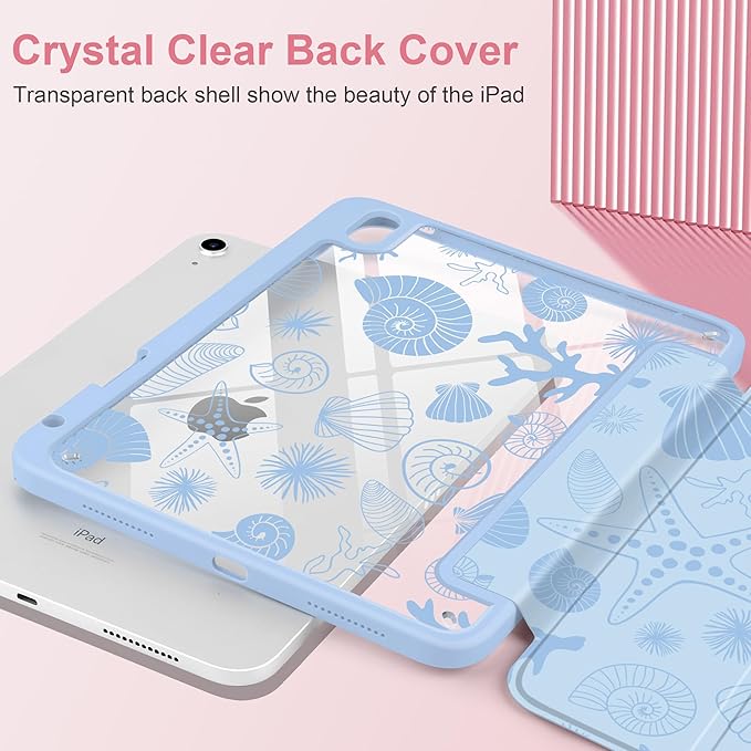 Case for iPad Air 13 inch 2026 M4 2025 M3 2024 M2 Release Slim Lightweight Shockproof Cute Blue Cover with Clear Back TPU Edge Pencil Holder Trifold Stand Auto Wake Sleep, Starfish and Shells