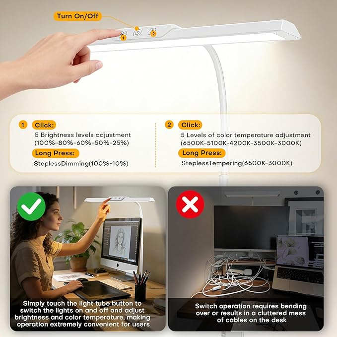 LED Desk Lamp for Office Home, Stepless Dimming Architect Desk Light with DC Adapter, Eye-Caring Desk Lamp with Clamp, 25 Lighting Modes Adjustable 12.8in Flexible Gooseneck for Workbench(White)