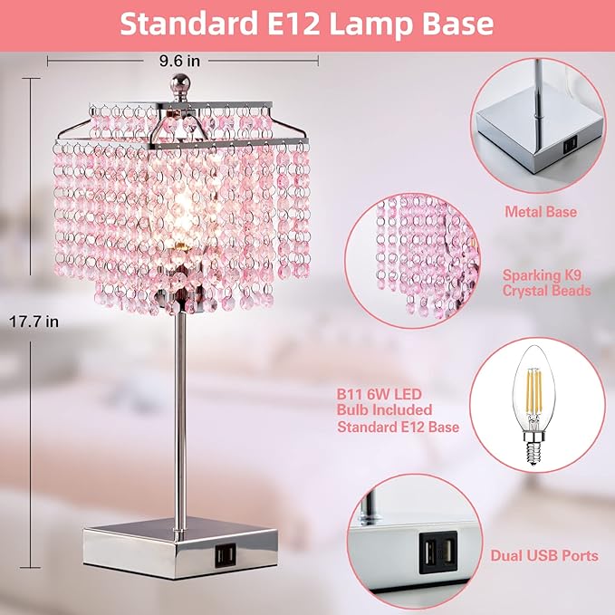 Luvkczc Crystal Touch Table Lamp, Bedside Lamp with USB C+A Ports, Pink Lamp, Dimmable Lamp with Crystal Shade, Nightstand Lamp for Girl Bedroom, Living Room, Bulb Included