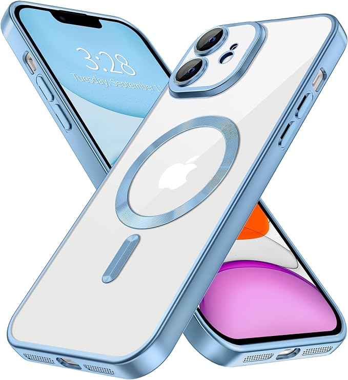 Hython Magnetic Clear for iPhone 11 Case with Camera Lens Protector [Compatible with MagSafe] Luxury Plating Edge Slim Soft TPU Cover Protective Phone Case for iPhone 11 6.1", Matte Light Blue
