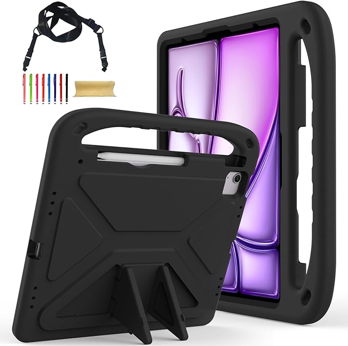 Cute Kids Case for iPad Air 13" M4 M3 M2 2026 2025 2024/ Pro 13 Inch M5 M4 Cover 2025 2024, iPad Pro 12.9 Case 2022/2021/2020/20218, Soft EVA Handle Cover with Shoulder Strap Stand, Black