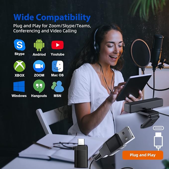 4K Zoomable Webcam with Upgraded Remote Control, 8MP Sony Sensor Webcam with Microphone and 4X Digital Zoom, Pro USB Webcam for Streaming/Conference/Online Teaching/Video Calling/Zoom/Skype