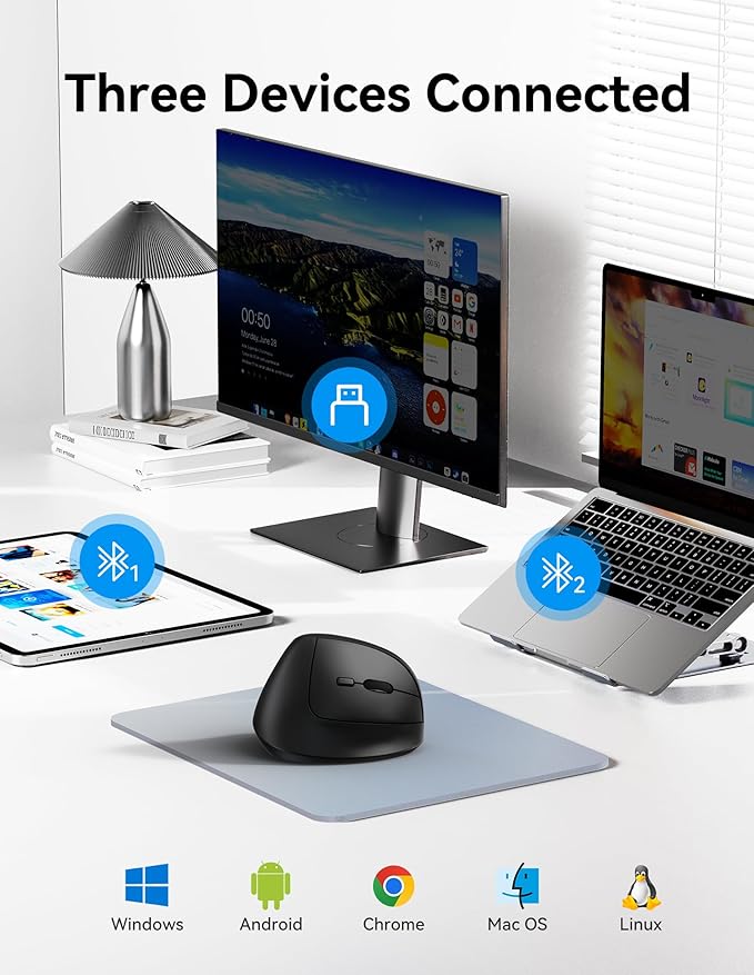 TECKNET Ergonomic Mouse, Wireless Bluetooth Vertical Mouse (BT5.3/3.0 & 2.4G) Rechargeable 4800 DPI Optical Mouse with 6 Adjustable DPI, Quiet Clicks, USB A Receiver, 6 Buttons - Wide Compatibility
