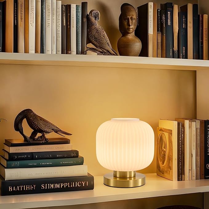 Globe Glass Mid Century Lamp: 7.9" Dimmable Milky White Brass Small Plug in Table Lamps - Vintage Cute Bedroom Ambient Bedside Nightstand Lamp - Modern Entryway Desk Shelf Gold Decorative Ribbed Lamps