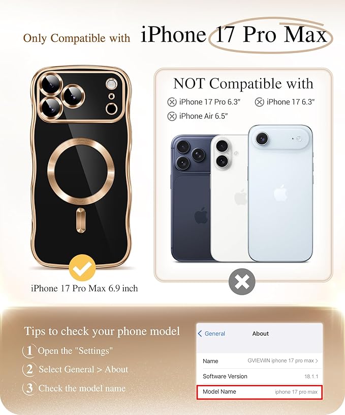 GVIEWIN for iPhone 17 Pro Max Case Compatible with MagSafe, Upgraded [Full Camera Protection][Cute Wave Frame][Military Grade Protection] Electroplated Hard Phone Cover for Women Girl,Glitter/Orange