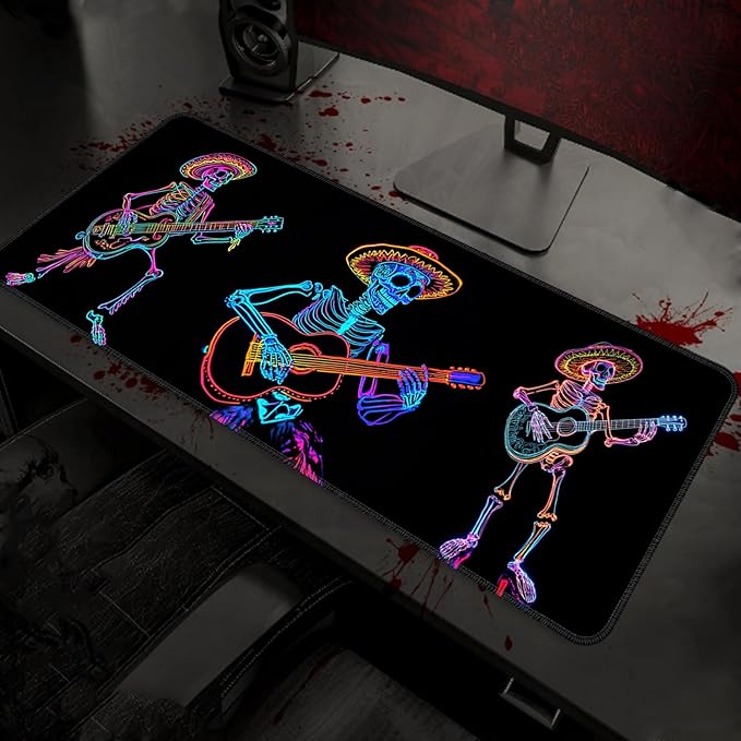 Simpkeely Blacklight Skeleton Playing Guitar Mouse Pad – UV Reactive Neon Art Funny Skull Rock and Roll Gaming Desk Mat, Glow in The Dark Extended Mousepad with Non-Slip Rubber Base – 31.5" x 11.8"